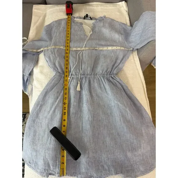 French Curve Linen ruffle V neck Dress Pinstripe Nautical Blue beach lace Sz-M - Picture 8 of 8